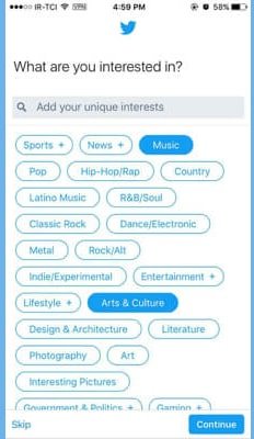 چه موضوعاتی علاقه مند هستید؟ min - آموزش ساخت حساب کاربری توییتر
