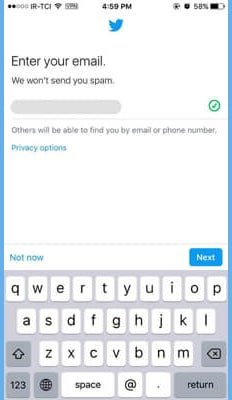 باید آدرس ایمیل خود را وارد کنید و گزینه next را بزنید min - آموزش ساخت حساب کاربری توییتر