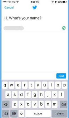 توییتر از شما می خواهد تا نام کامل خود را وارد کنید. min - آموزش ساخت حساب کاربری توییتر
